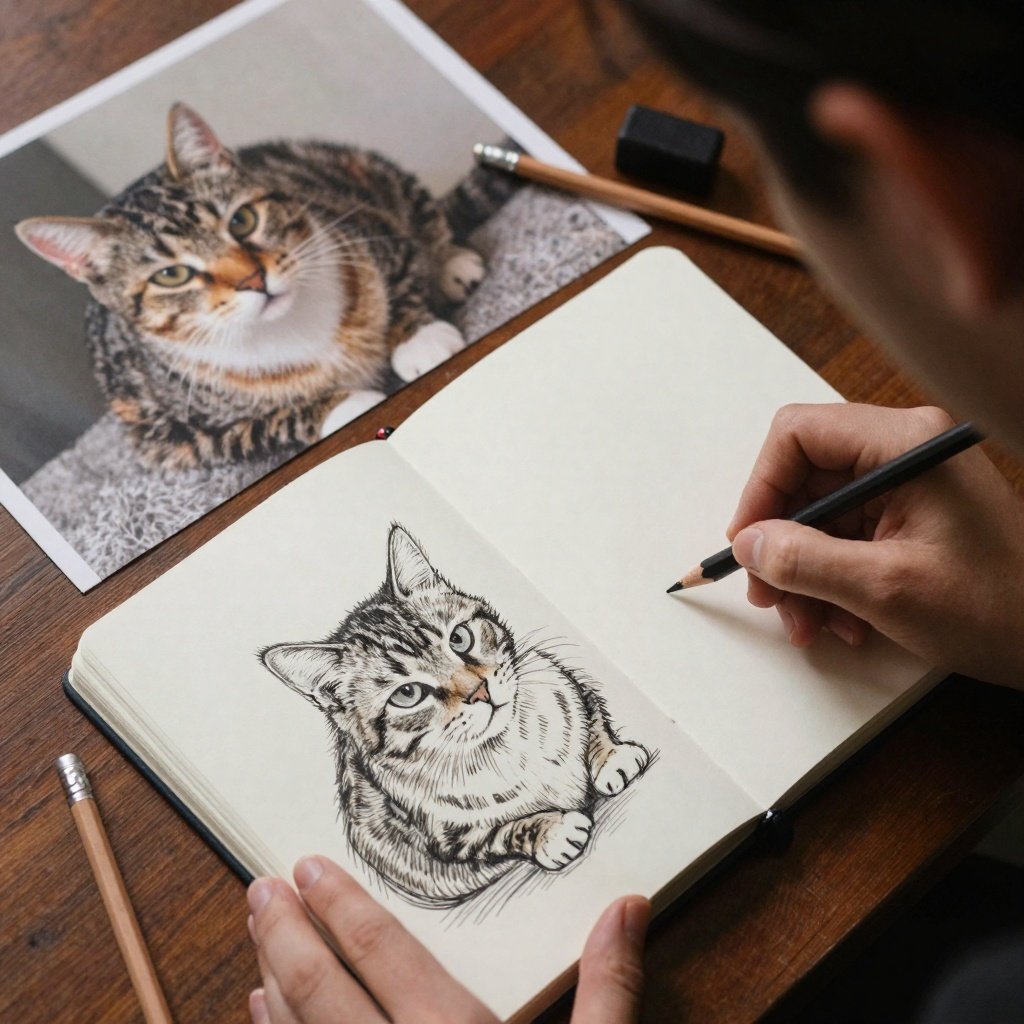 Tabby cat pencil sketch in artist's sketchbook with hand drawing and printed reference photo, realistic pet portrait