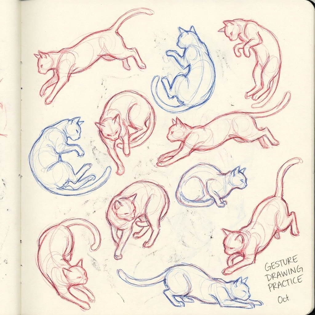 Sketchbook page of red and blue pencil gesture sketches of cats in various poses — gesture drawing practice studies