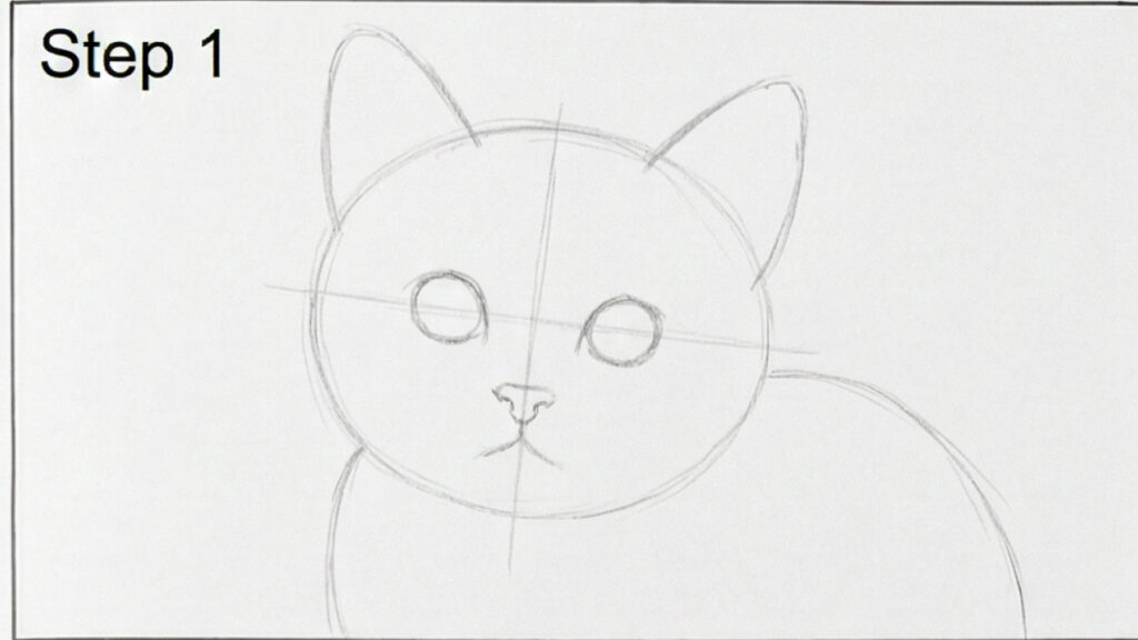 Step 1 pencil sketch of a cat: round head with ear outlines, eye guidelines, nose and crosshair lines, and body curve; beginner drawing tutorial.
