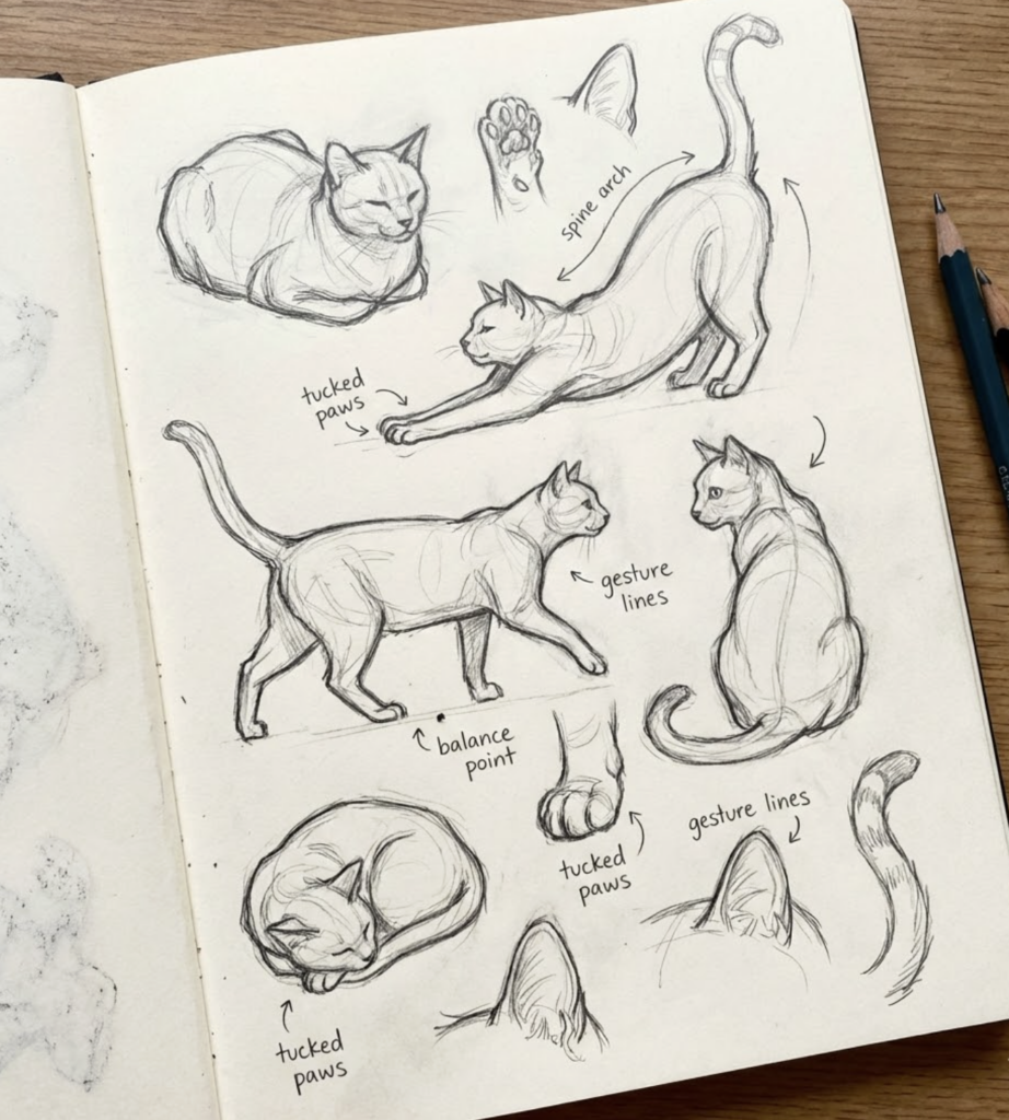 Pencil sketchbook page of cat gesture studies and notes: walking, stretching, curled poses, ears, tucked paws, tail, spine anatomy.