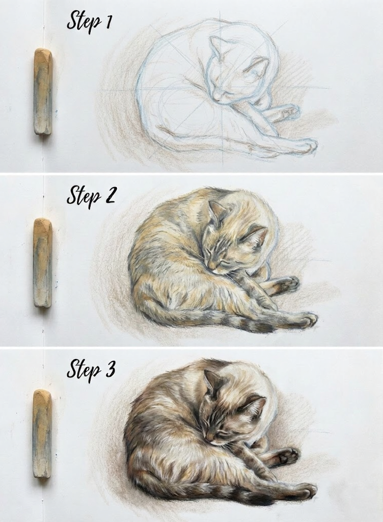 Step-by-step cat drawing tutorial: three panels showing progression from rough sketch to realistic colored-pencil and pastel sleeping cat illustration.