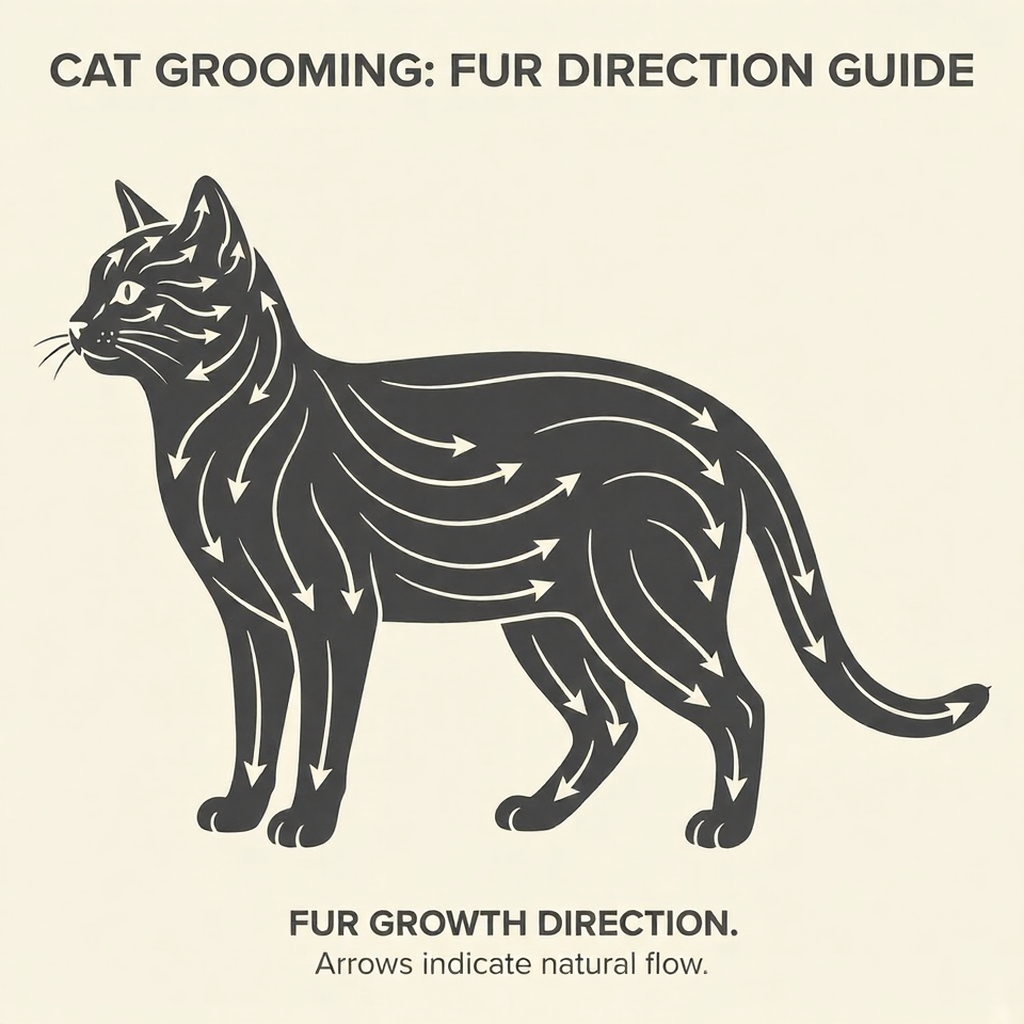 Cat grooming diagram: black cat silhouette with arrows indicating fur growth direction and natural flow.