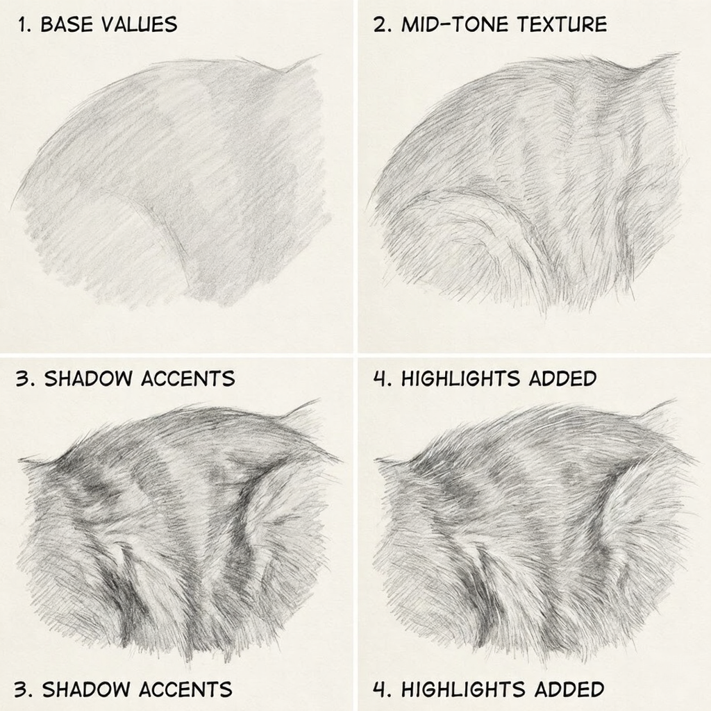Cat fur pencil drawing tutorial in 4 steps: base values, mid-tone texture, shadow accents and highlights for realistic fur.