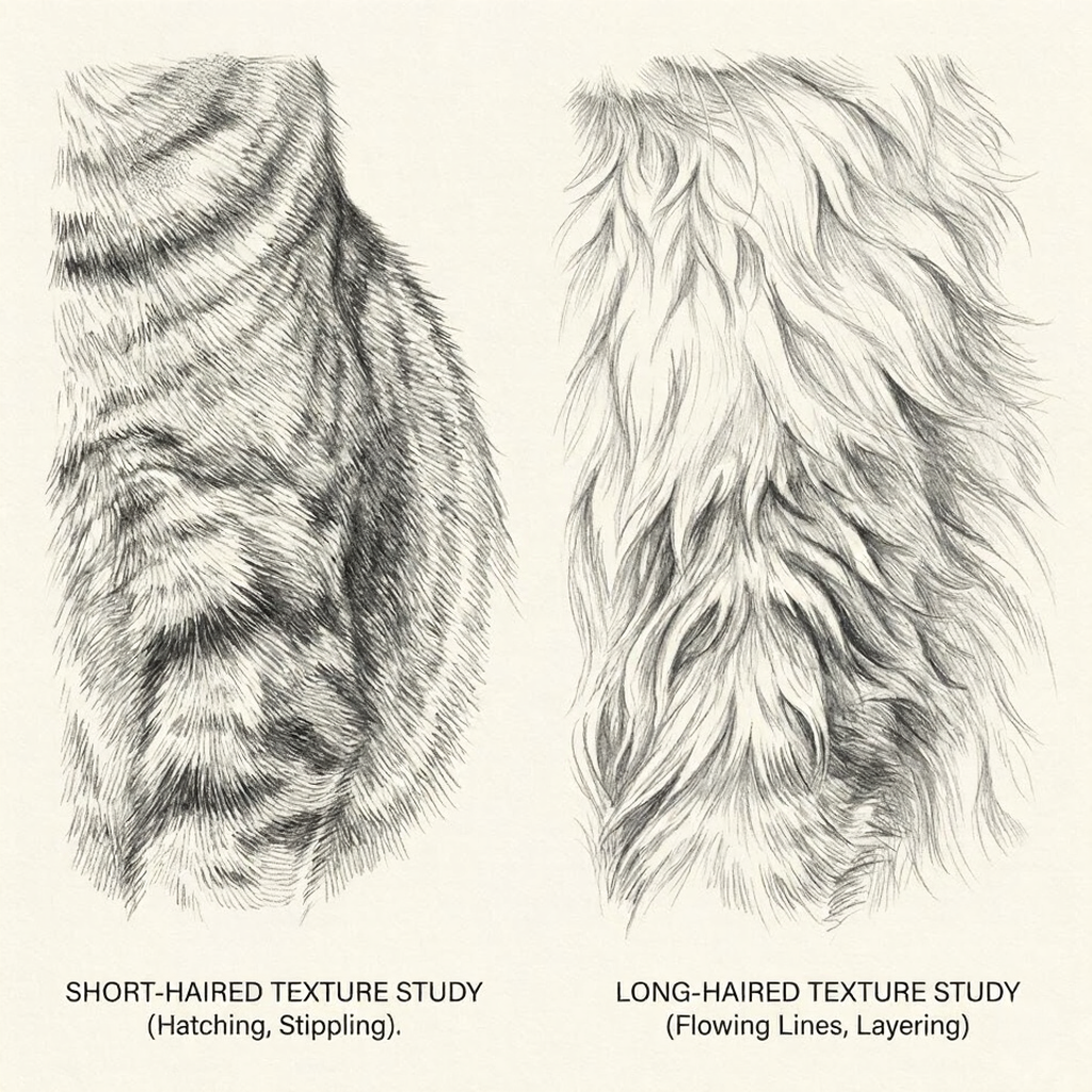 Pencil fur texture study: left short-haired (hatching, stippling) and right long-haired (flowing lines, layering) sketches.