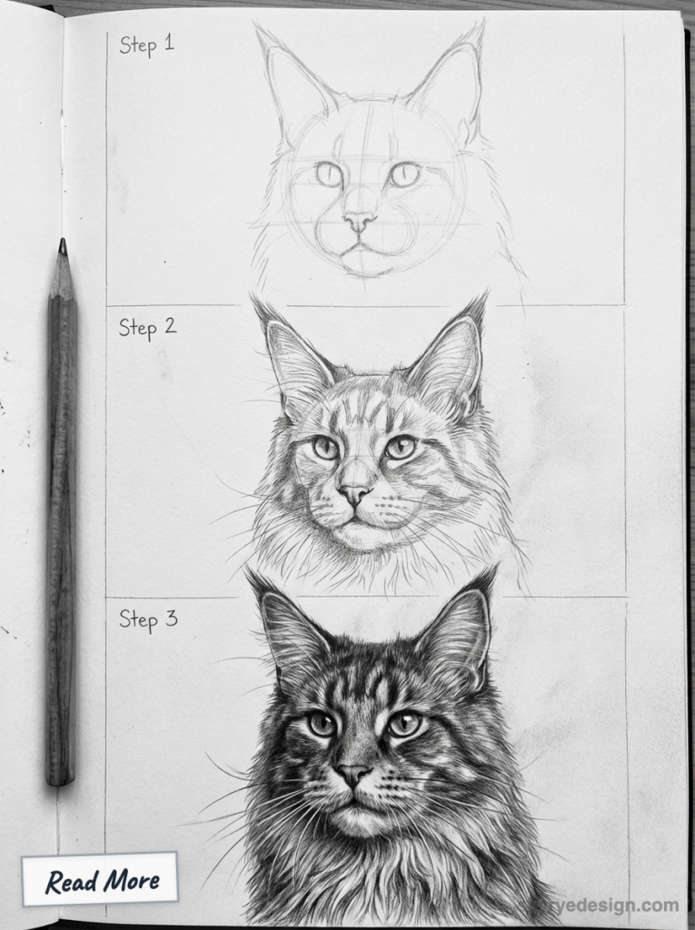 Pencil sketch tutorial: Maine Coon cat portrait steps 1-3 showing progressive drawing stages in a sketchbook with pencil