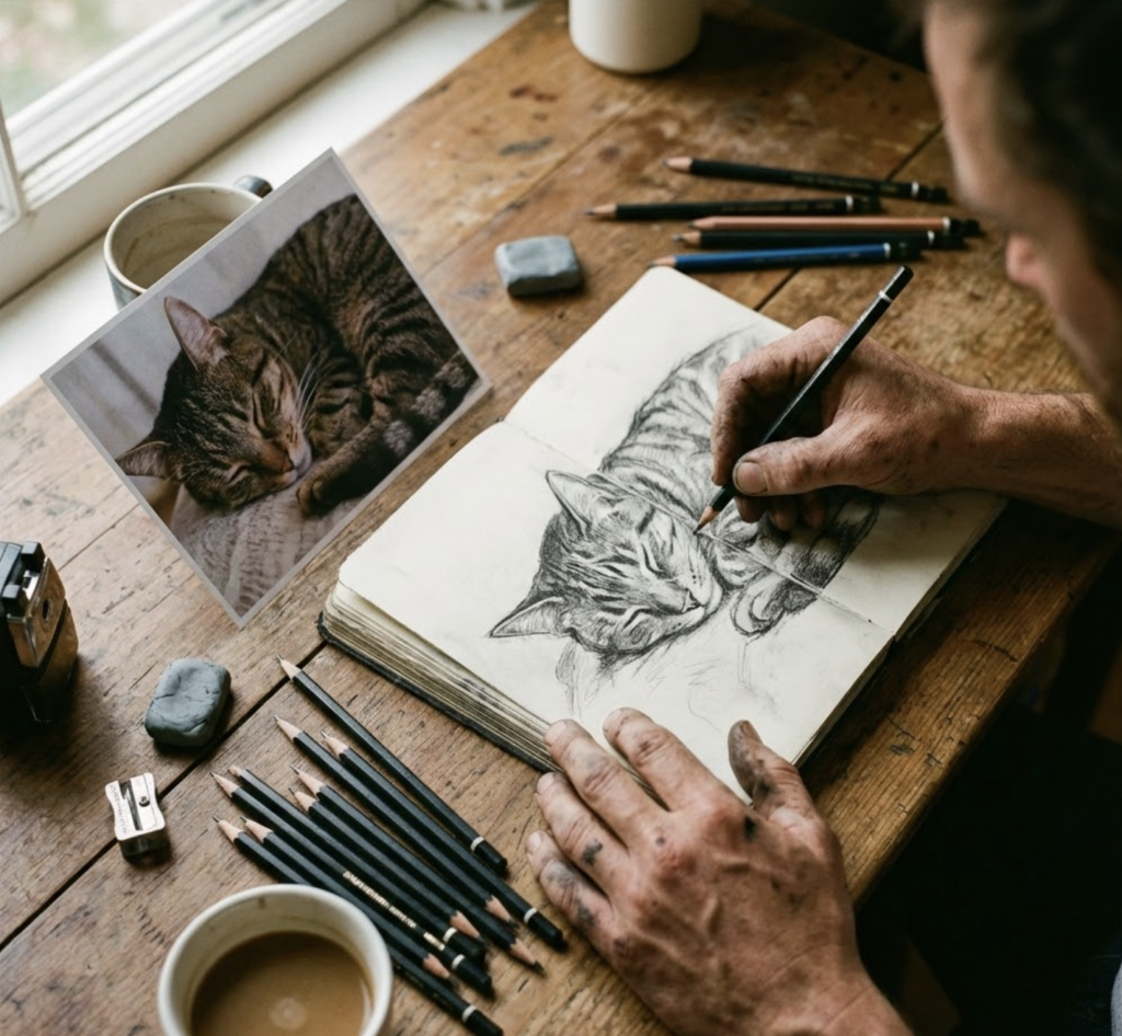 Pencil sketch of a sleeping tabby cat in a sketchbook, artist's hands drawing with reference photo, pencils, eraser and coffee.