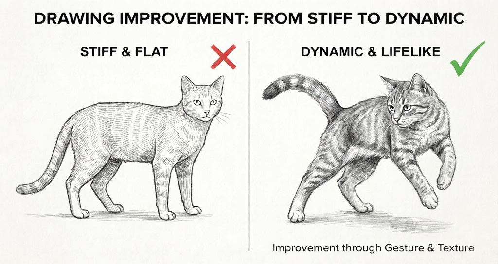 Comparison of cat sketches: stiff & flat (red X) vs dynamic, lifelike (green check) — improvement through gesture and texture.