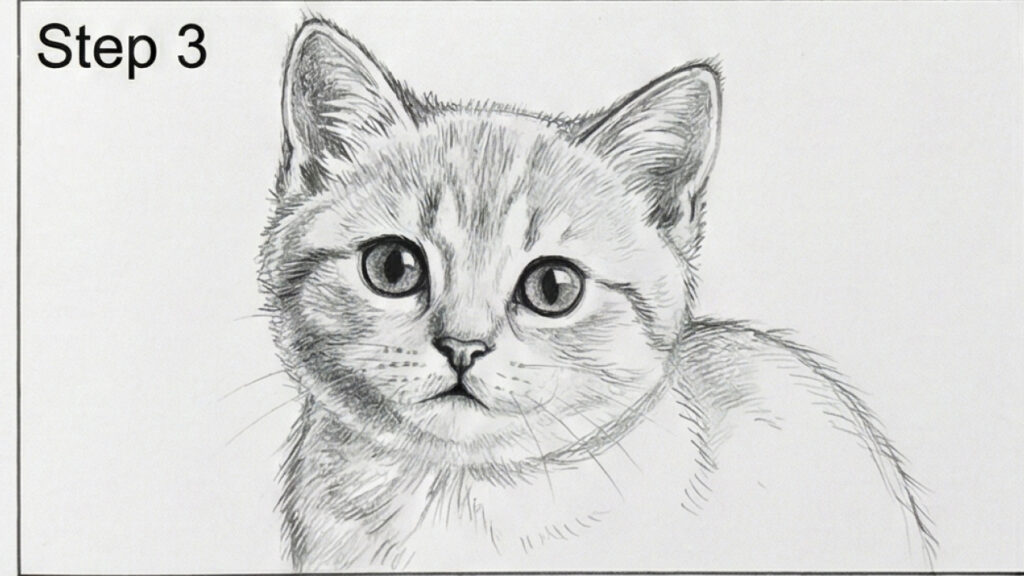 Kitten drawing tutorial step 3: pencil sketch close-up of kitten face with detailed eyes and fur texture