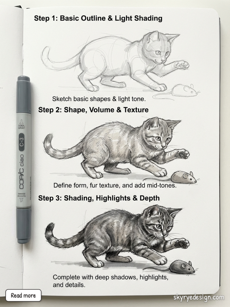 Three-step kitten drawing tutorial: sketch to detailed shaded cat playing with a toy mouse on a sketchbook, Copic marker beside.