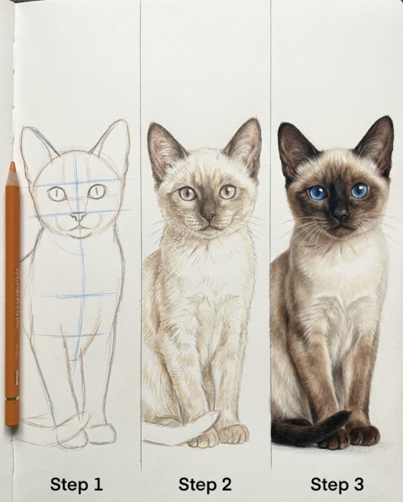 Three-step drawing tutorial: sketch to detailed colored-pencil portrait of a Siamese cat with striking blue eyes.