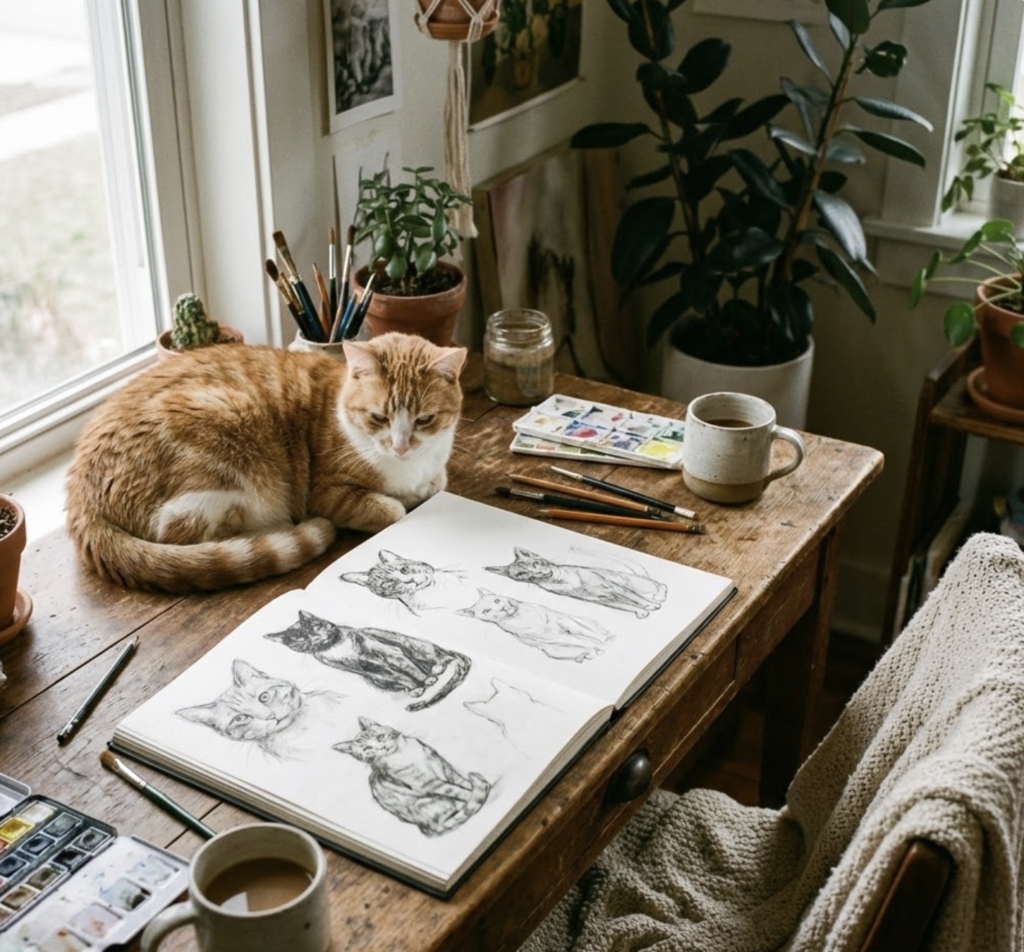 Cozy artist workspace: orange tabby cat on wooden desk beside open sketchbook of cat drawings, pencils, watercolor palette and coffee mug.