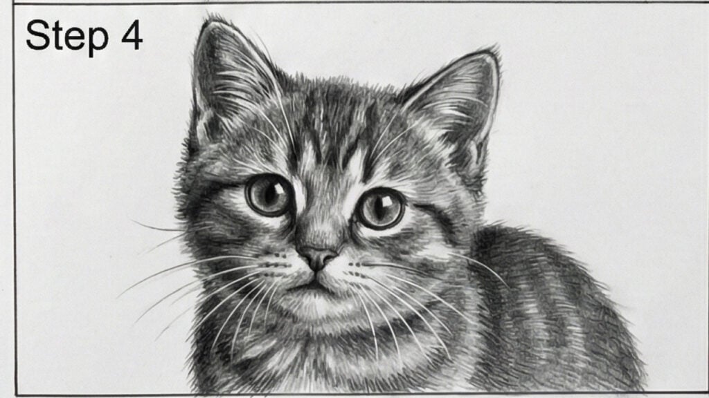 Tabby kitten drawing tutorial: realistic pencil sketch of kitten's face and upper body with detailed shading, labeled Step 4.