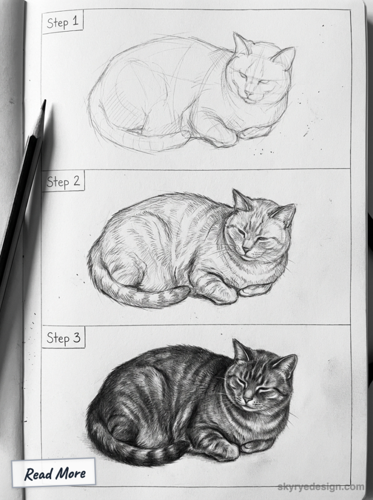 Step-by-step pencil cat drawing tutorial: three panels showing initial sketch, fur detail stage, and final shaded tabby cat lying down.