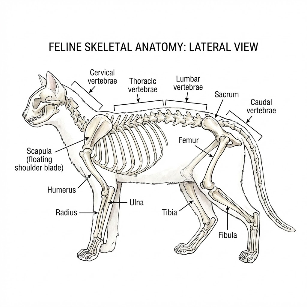 Labeled lateral view of a feline skeleton showing skull, scapula, vertebrae, ribs, humerus, radius, ulna, femur, tibia, fibula for anatomy reference