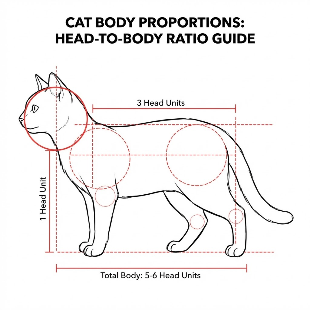 Cat anatomy diagram: body proportions and head-to-body ratio guide for drawing — 1 head unit high, 3 head units torso, total 5–6 head units.