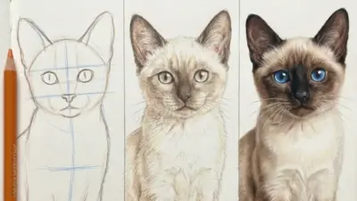 Siamese kitten drawing progression: pencil sketch, shaded study, then finished full-color portrait with vivid blue eyes.