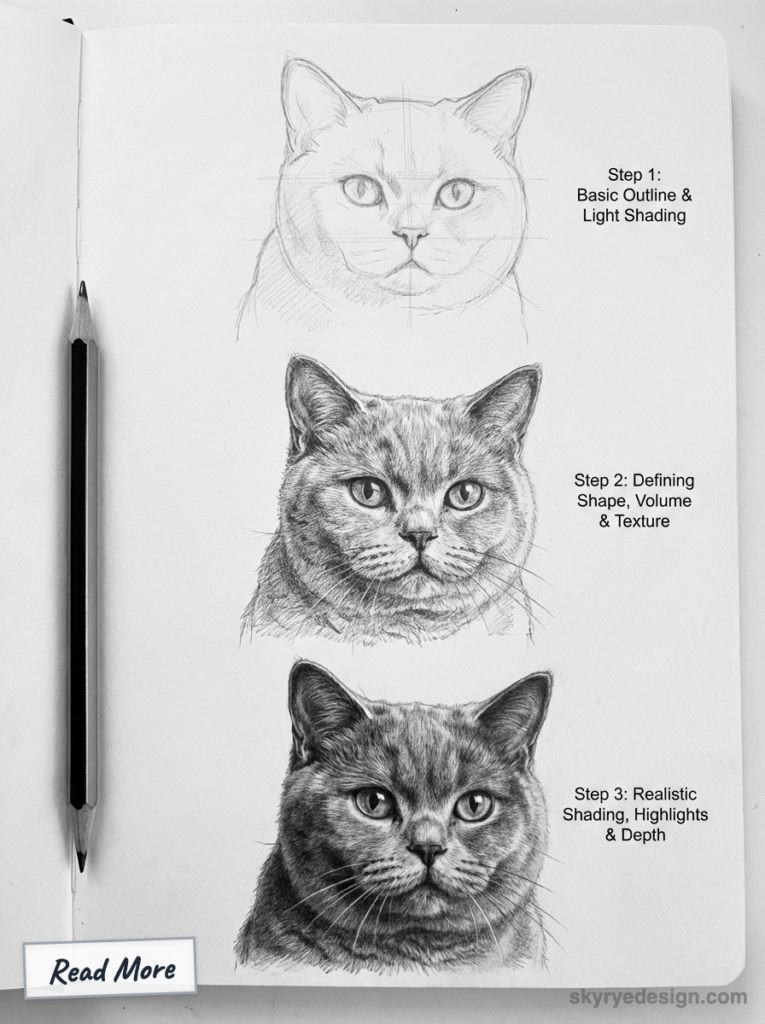 Step-by-step pencil cat drawing tutorial showing three stages: basic outline, defined texture, and realistic shading, pencil at left.