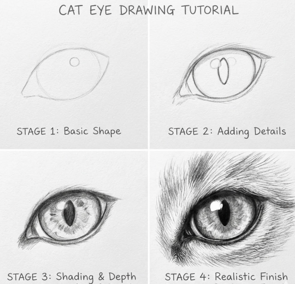 Cat eye drawing tutorial: 4 pencil sketch stages - basic shape, adding details, shading & depth, realistic finish.