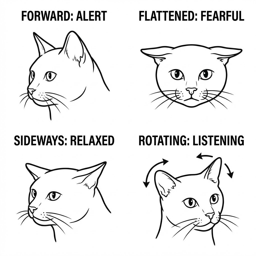 Cat ear positions infographic showing meanings: forward-alert, flattened-fearful, sideways-relaxed, rotating-listening (four cat head drawings)