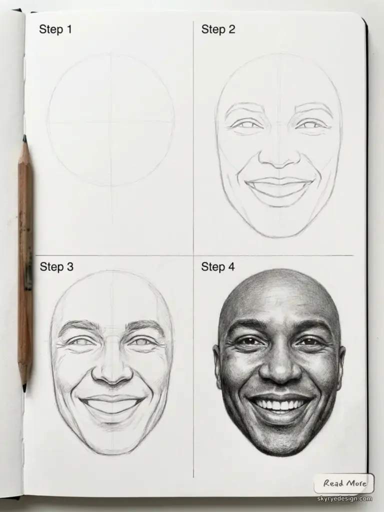 download 23 Step-by-step four-stage pencil portrait tutorial: grid to realistic smiling man's face in sketchbook with pencil | Sky Rye Design Step-by-step four-stage pencil portrait tutorial: grid to realistic smiling man's face in sketchbook with pencil