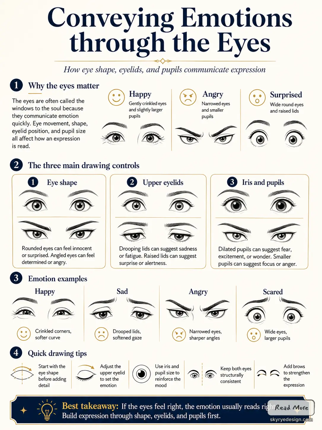 5d595c73-8186-4e5a-9908-f7f1aa5c7550 Infographic: Conveying emotions through the eyes — eye shape, eyelids & pupils explained with drawing tips. | Sky Rye Design Infographic: Conveying emotions through the eyes — eye shape, eyelids & pupils explained with drawing tips.