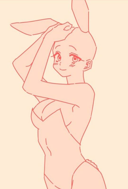 A drawing of an anime-style character in a swimsuit with bunny ears. The character is smiling and holding one of the ears with both hands.