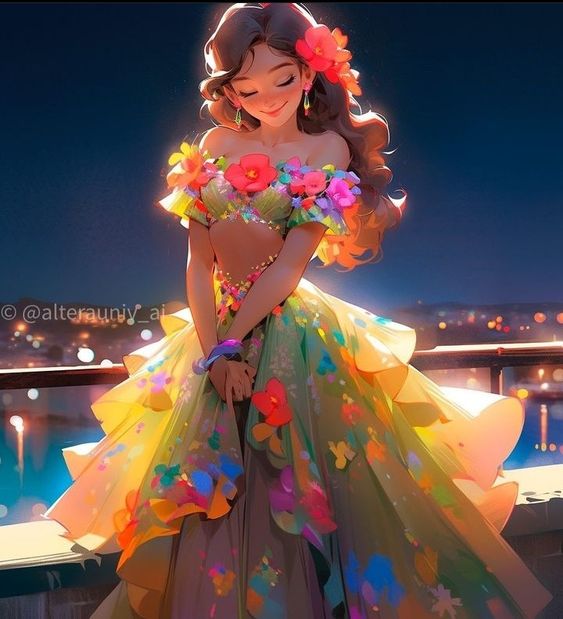Illustration of a joyful young woman wearing a colorful, floral dress, standing against a dimly lit cityscape background at night.