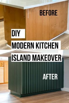 Before and after of a kitchen island makeover; before image shows a plain wooden island, after image shows a modern island with dark vertical paneling. Text reads: "Before - DIY Modern Kitchen Island Makeover - After.