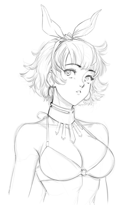 A black and white sketch of a female character with short, wavy hair wearing a headband, choker, and a bikini top. She has large eyes and is looking slightly to the side.