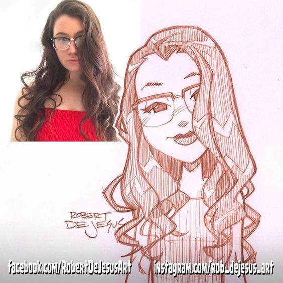 A split-image showcasing a woman with long curly hair on the left and an artistic line drawing of her on the right, signed by robert de jesus.