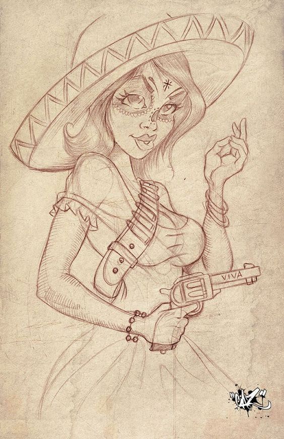 Sketch of a stylized woman in a sombrero and dress holding a gun with "viva" written on it, with intricate details and a vintage paper background.