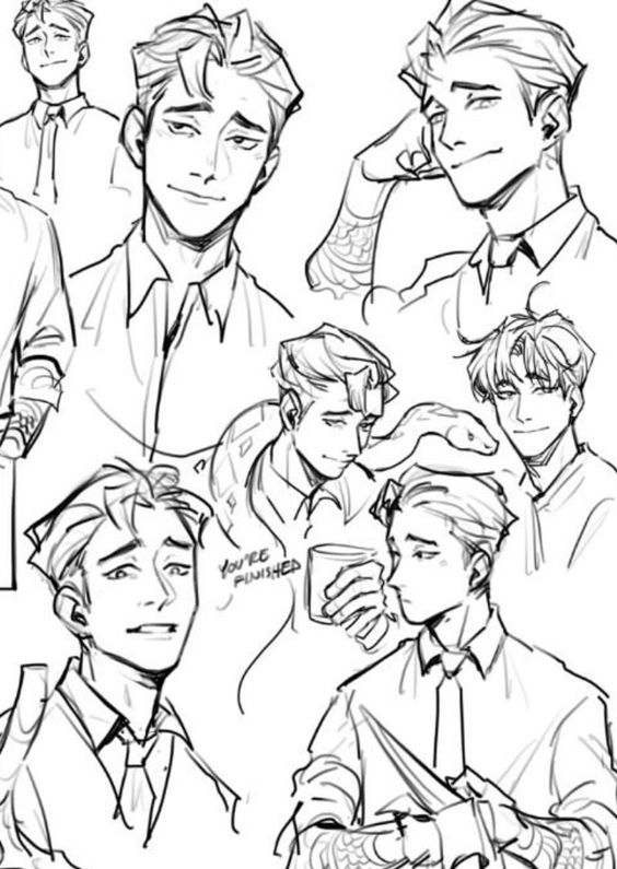 Sketches of a young man with various expressions and hairstyles, shown in different poses, some featuring a snake and a cup. one sketch includes the text "you're punished.