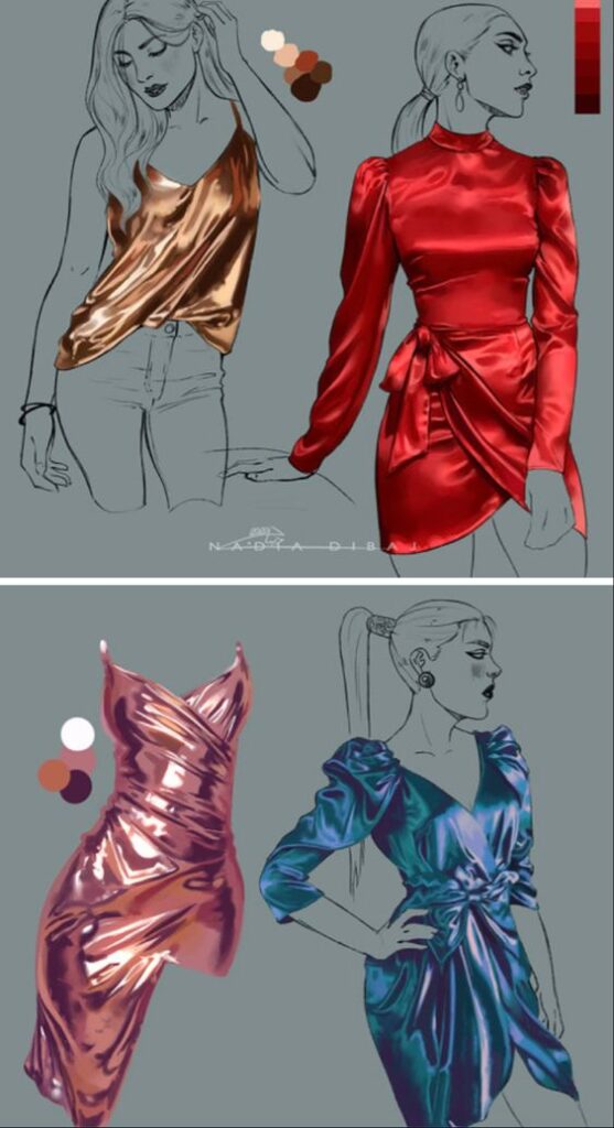 A drawing split into two sections showcases four female fashion design sketches. The top designs feature one in a metallic top and another in a red dress, while the bottom designs include one in a pink dress and another in a blue dress.