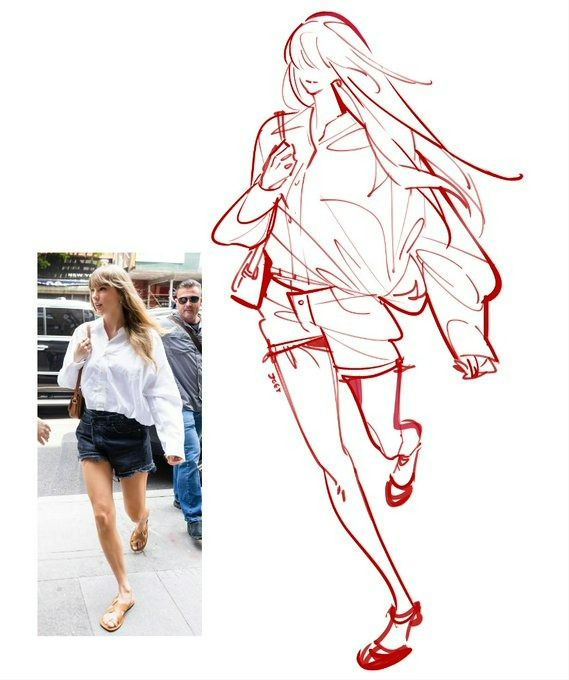A person in a casual outfit is walking outdoors. An adjacent sketch in red ink illustrates their pose and attire, including a long-sleeved shirt, shorts, and sandals.