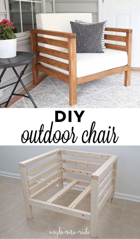 Two images of a DIY outdoor chair: the top image shows a completed wooden chair with a white cushion and grey pillow; the bottom image shows the unfinished wooden frame of the chair. The text reads "DIY outdoor chair.