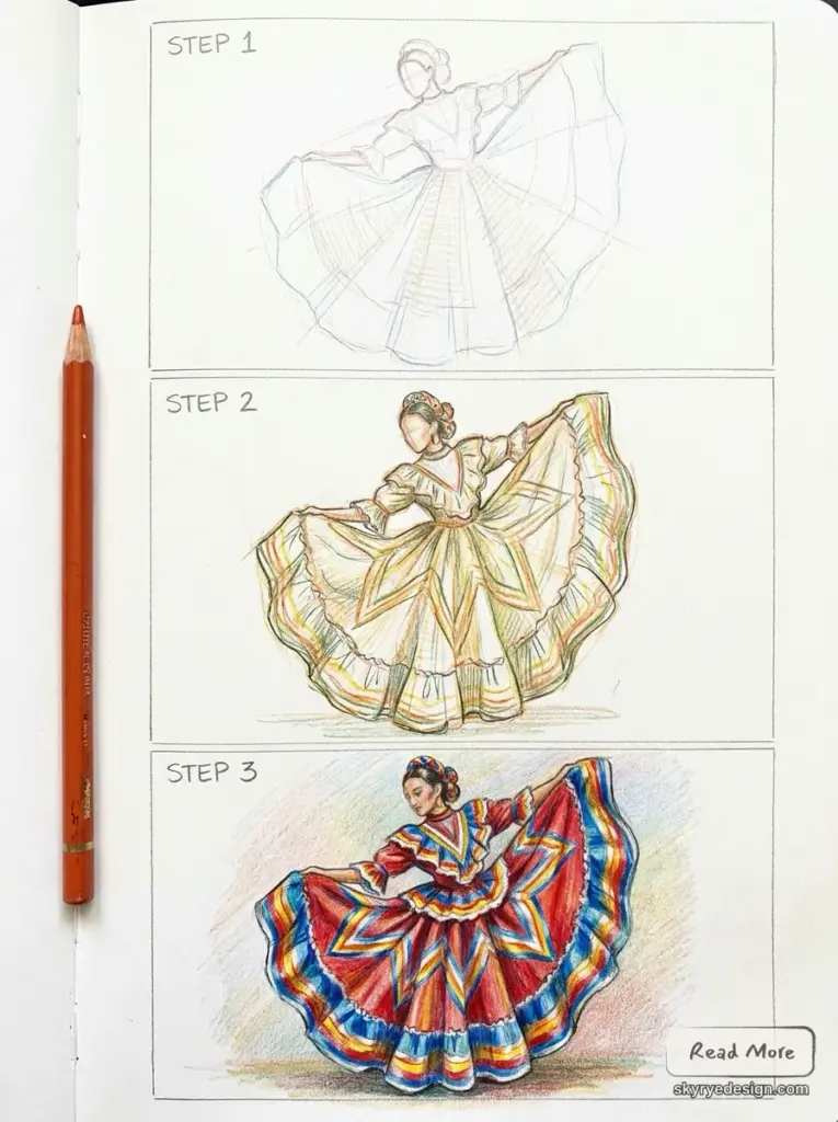 Colored_pencils_drawing_tutorial_202607091114 Easy Hispanic drawing of a folklorico dancer in a colorful Mexican dress, shown as a step-by-step pencil and color study | Sky Rye Design Easy Hispanic drawing of a folklorico dancer in a colorful Mexican dress, shown as a step-by-step pencil and color study