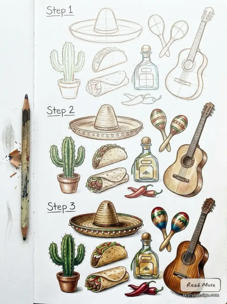 Colored_pencils_drawing_tutorial_202607091116 Mexican drawings easy icon sheet with sombrero, cactus, tacos, maracas, tequila bottle, and guitar | Sky Rye Design Mexican drawings easy icon sheet with sombrero, cactus, tacos, maracas, tequila bottle, and guitar