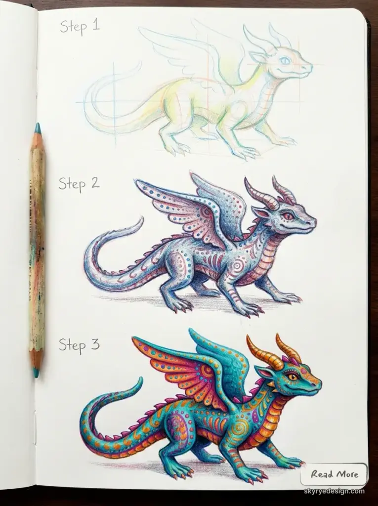 Colored_pencils_drawing_tutorial_202607091118 Sketchbook tutorial: 3-step dragon drawing — light pencil construction, detailed shaded sketch, vibrant colored finish | Sky Rye Design Sketchbook tutorial: 3-step dragon drawing — light pencil construction, detailed shaded sketch, vibrant colored finish