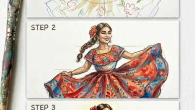 Acrylic paint tutorial: three-step progression of a smiling woman in a vibrant floral folk dress, paintbrush at left.