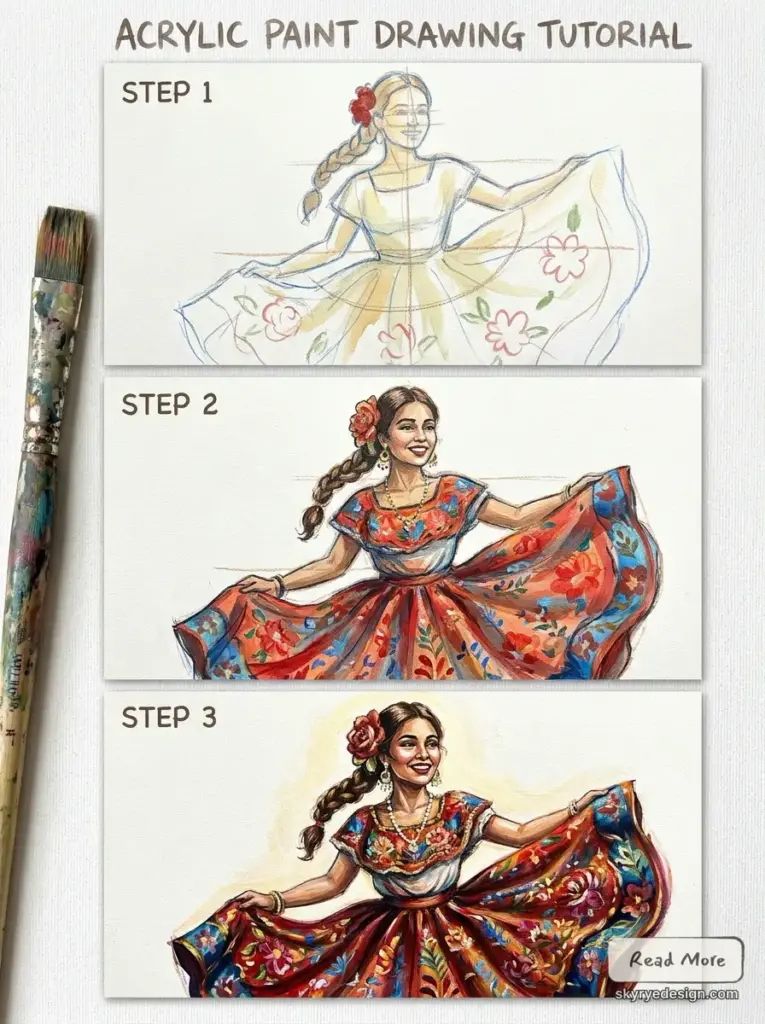 Woman_twirling_in_dress_tutorial_202607091125 Step-by-step Hispanic folk dress painting of a smiling woman in a floral dress with acrylic brushwork | Sky Rye Design Step-by-step Hispanic folk dress painting of a smiling woman in a floral dress with acrylic brushwork