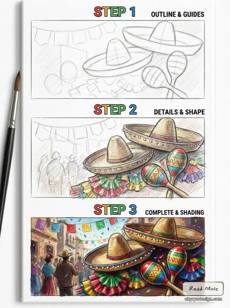 Acrylic_paint_drawing_tutorial_s_202607091126 Easy Hispanic Heritage Month drawing of sombreros, maracas, and fiesta decorations in three stages | Sky Rye Design Easy Hispanic Heritage Month drawing of sombreros, maracas, and fiesta decorations in three stages