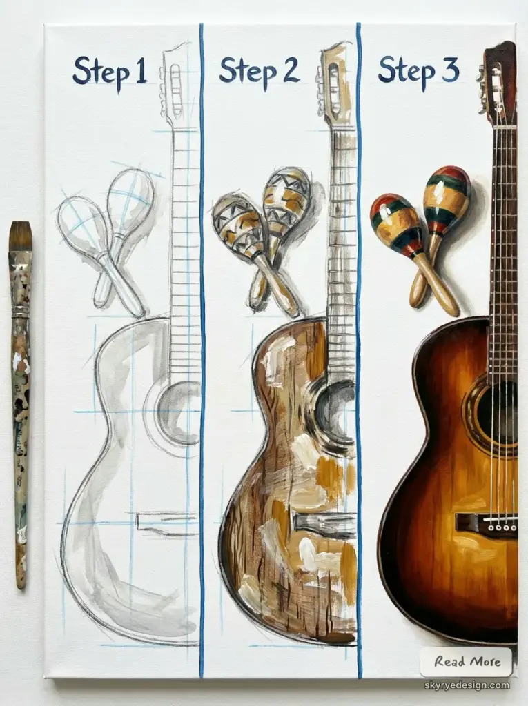Guitar_and_maracas_drawing_tutorial_202607091128 Easy Mexican music drawing tutorial with guitar and maracas from pencil sketch to finished color artwork | Sky Rye Design Easy Mexican music drawing tutorial with guitar and maracas from pencil sketch to finished color artwork