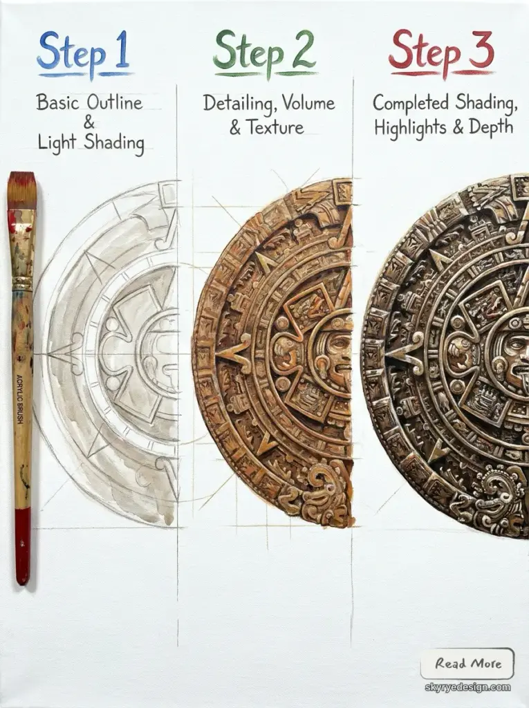 Aztec_Sun_Stone_drawing_tutorial_202607091132 Aztec calendar drawing tutorial with outline, bronze details, and metallic shading stages | Sky Rye Design Aztec calendar drawing tutorial with outline, bronze details, and metallic shading stages
