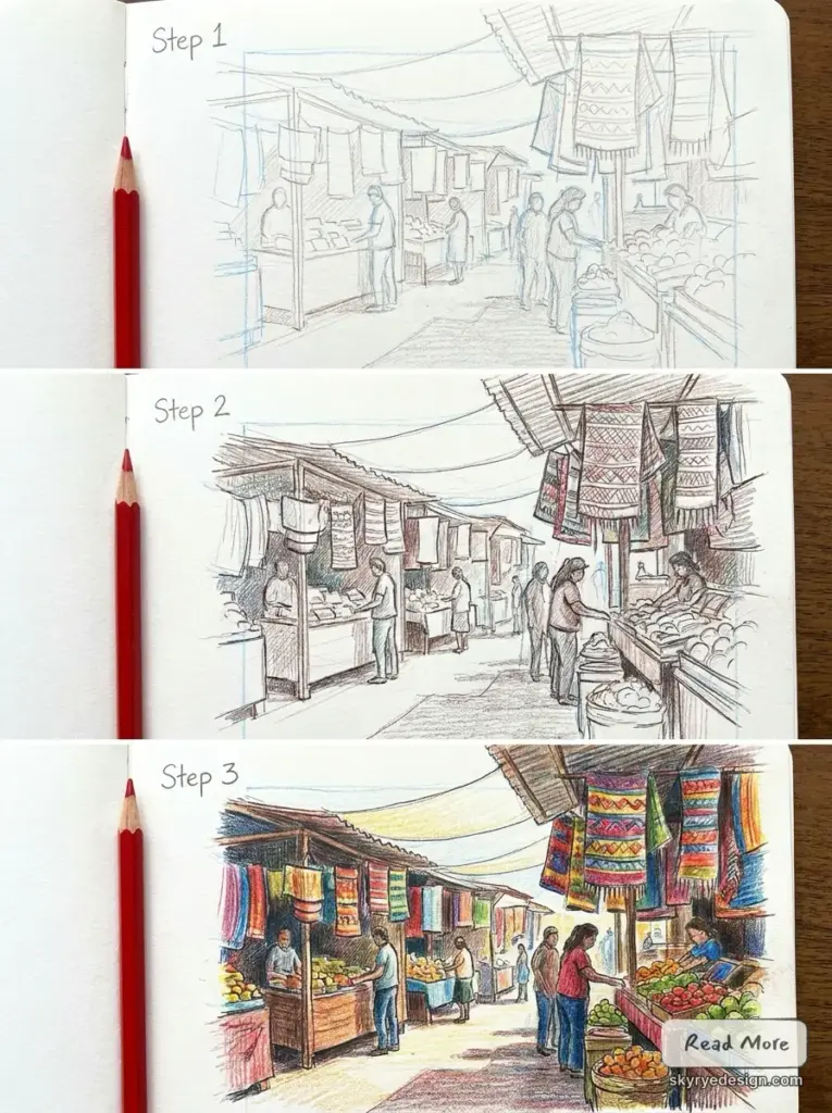 Colored_pencils_drawing_tutorial_202607091113 Easy Hispanic heritage drawing of a street market built from sketch, shading, and bright final color | Sky Rye Design Easy Hispanic heritage drawing of a street market built from sketch, shading, and bright final color