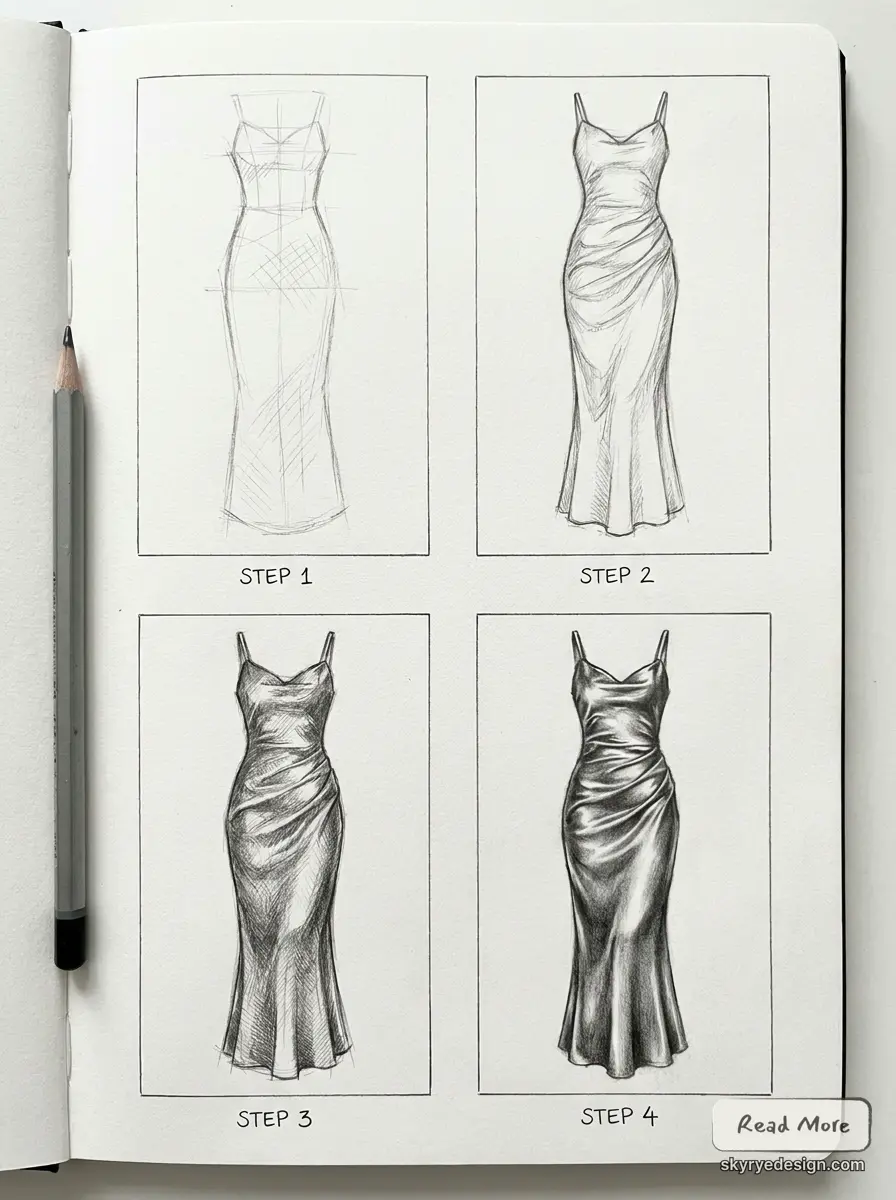 Satin_dress_drawing_tutorial_steps_202606181252 Step-by-step fashion illustration: four-step pencil sketch tutorial of a draped satin slip dress in a sketchbook. | Sky Rye Design Step-by-step fashion illustration: four-step pencil sketch tutorial of a draped satin slip dress in a sketchbook.