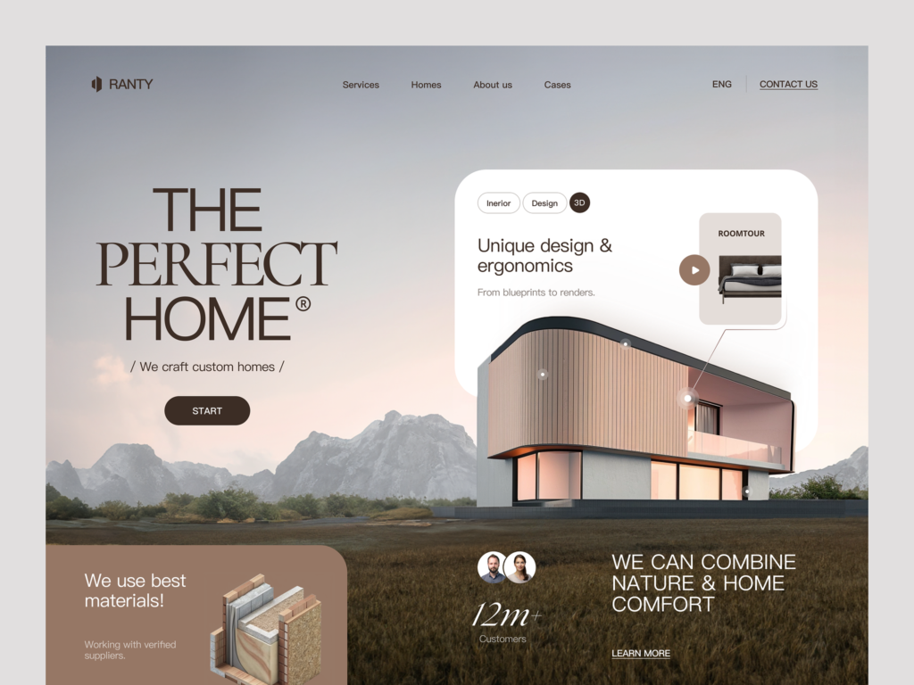 A website homepage for "THE PERFECT HOME" showcasing custom homes. The page features a modern house design, tabs for Home, About us, Cases, and contact options. Text highlights materials used and customer count.