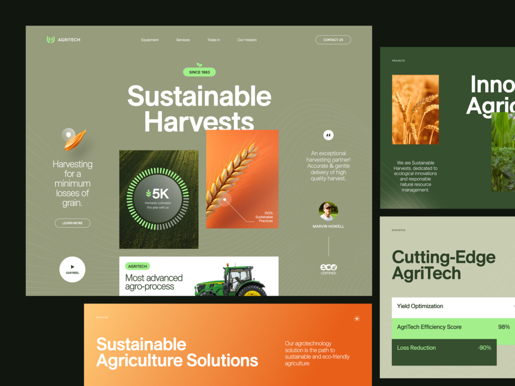 A digital presentation depicting aspects of sustainable agriculture, including "Sustainable Harvests," "Cutting-Edge AgriTech," and "Sustainable Agriculture Solutions." Images of grain and a tractor are featured.