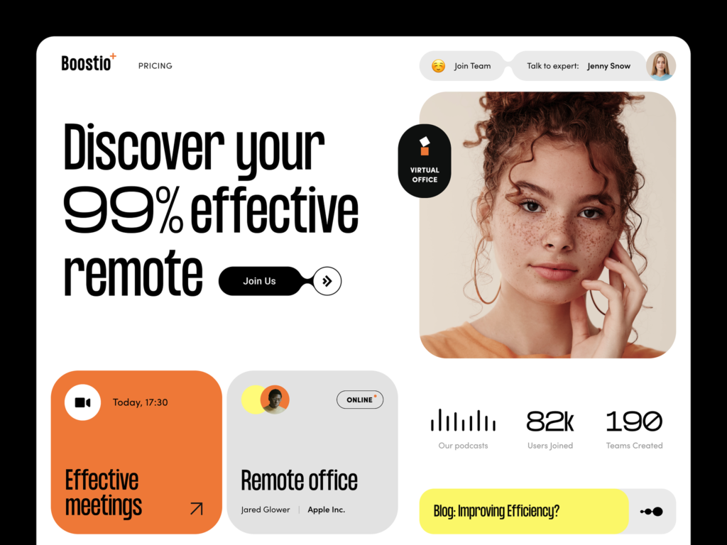 A promotional webpage for Boostio advertises "99% effective remote" work. It includes sections on effective meetings, remote offices, user statistics, and an image of a woman with curly hair.