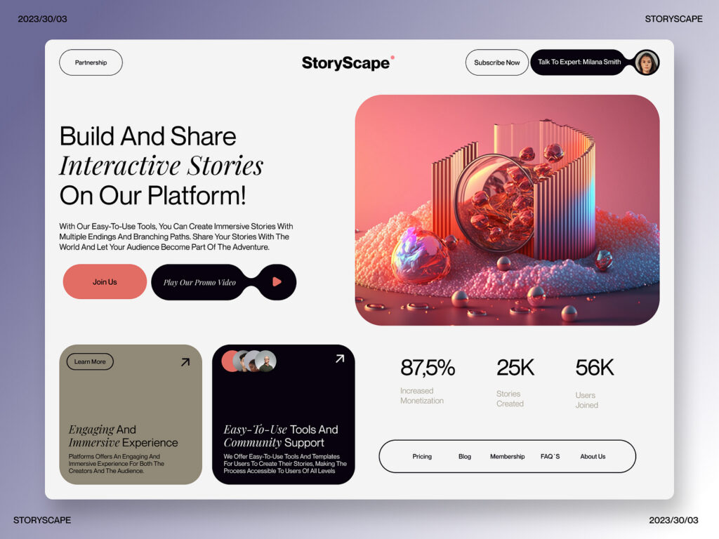 A website homepage for "StoryScape" showcasing tools for creating interactive stories. The landing page highlights features, a video promo, statistics on user engagement, and a call-to-action button.