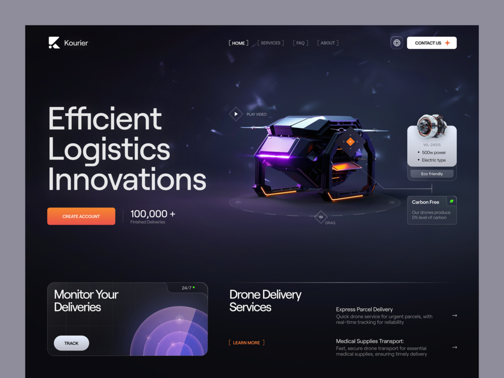 A homepage of a logistics company. The screen highlights "Efficient Logistics Innovations" and features a futuristic drone, options to create an account, and services like parcel delivery and medical supplies transport.